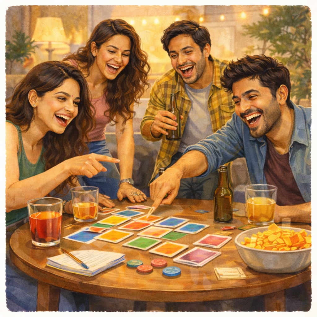 Friends laughing and playing a party game together during a house party.