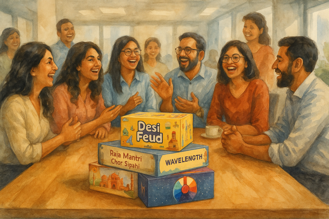 A bunch of coworkers playing board games. 