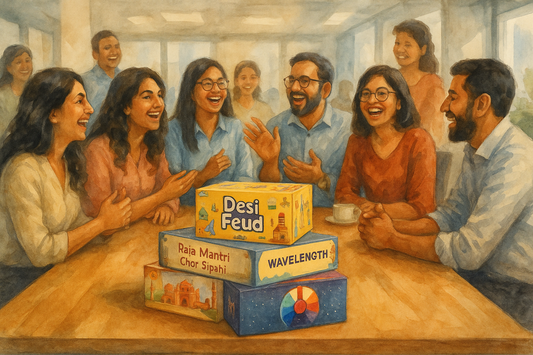A bunch of coworkers playing board games. 